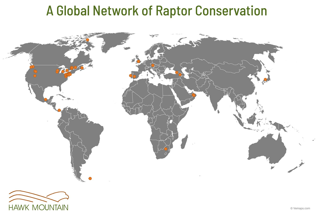 Map graphic illustrating all of Hawk Mountain's global collaborators and partners
