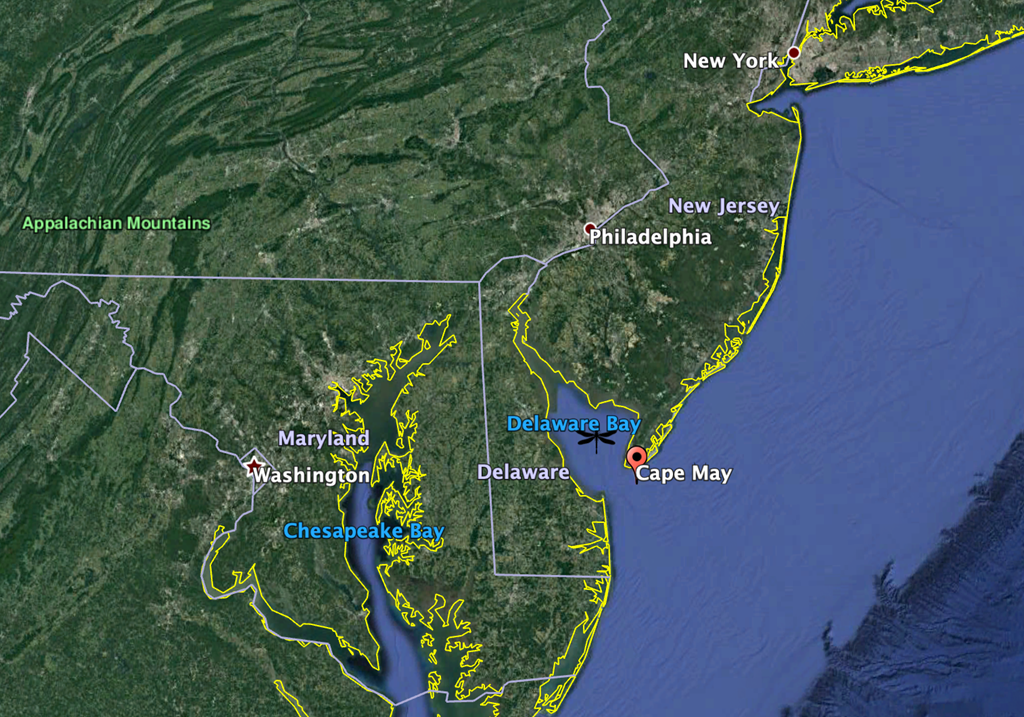 Map of Cape May, a stopover site for migrating dragonflies
