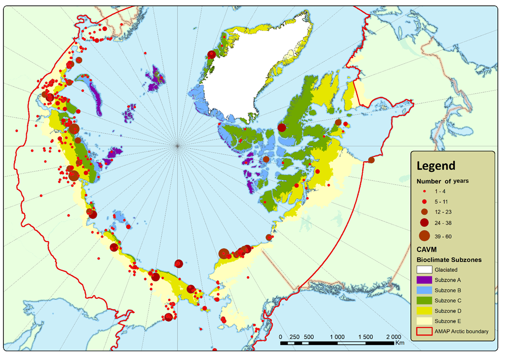 Map showing ecological field stations that observe arctic species.