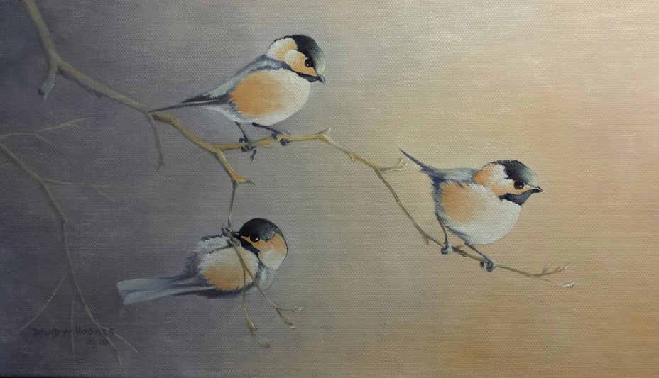 Nature Sketch of three birds perched on branches by Dave Hughes