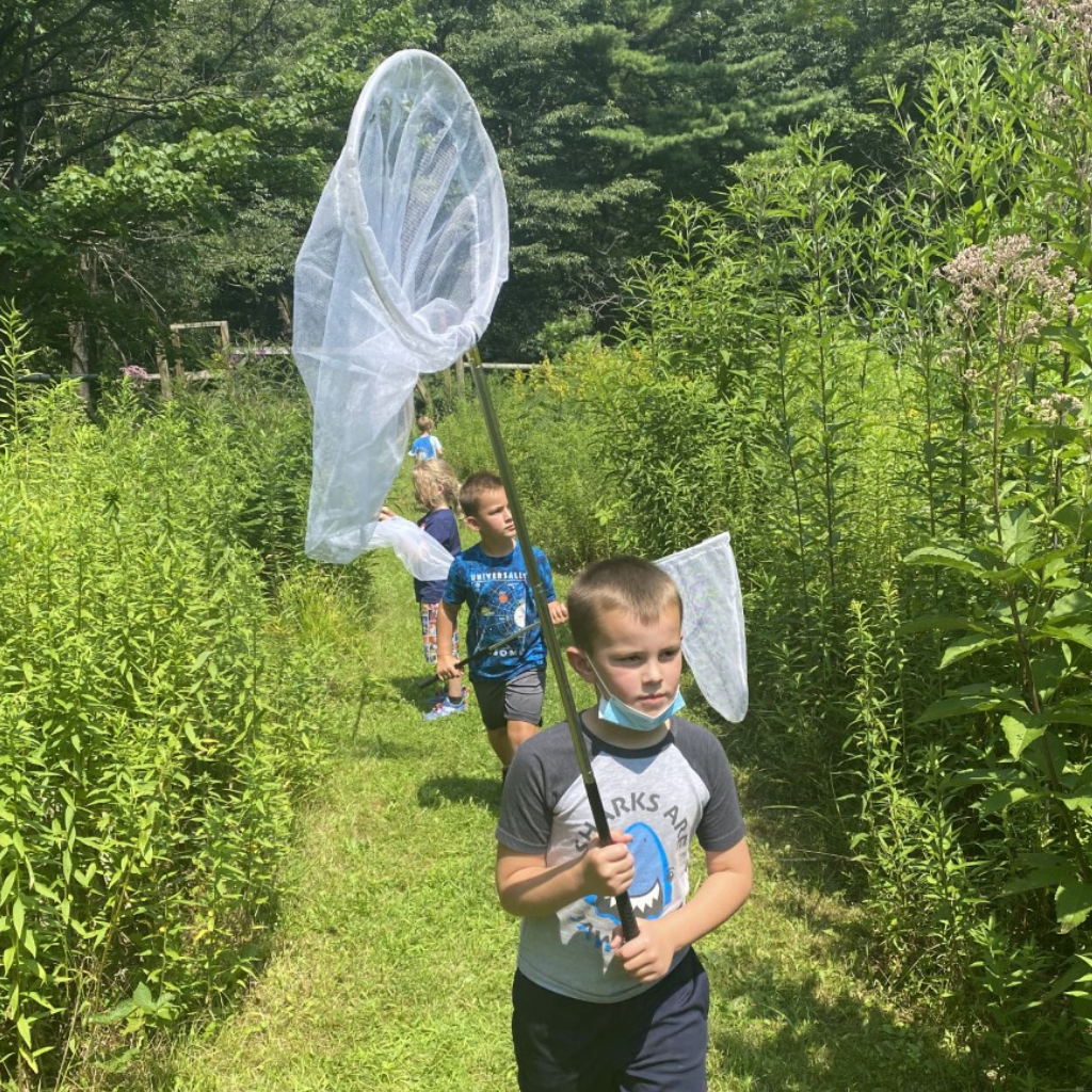 Camper walking with an insect net Camper walking with an insect net