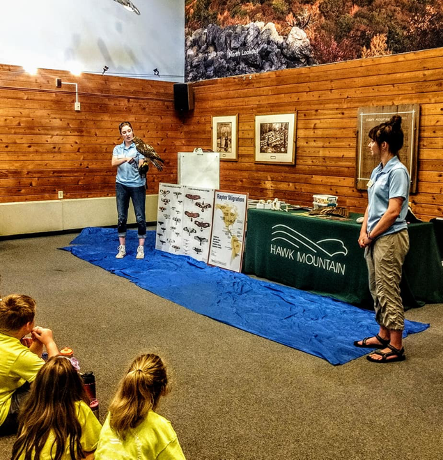 Education Trainees Diana and Alyssa host a Raptors Over the Ridge School Program in the Visitor Center Education Trainees Diana and Alyssa host a Raptors Over the Ridge School Program in the Visitor Center