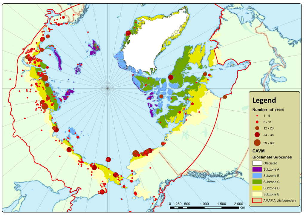 Map showing ecological field stations that observe arctic species. Map showing ecological field stations that observe arctic species.