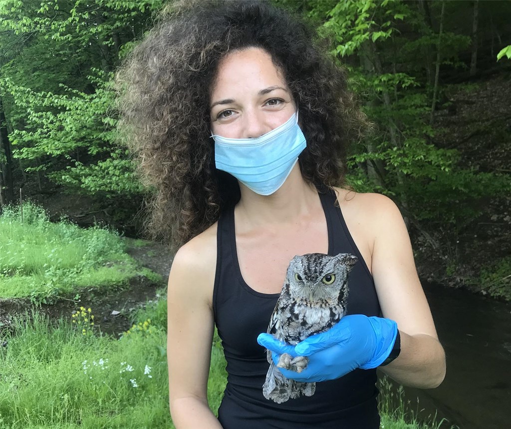 Trainee Marzia with a Banded Screech Owl