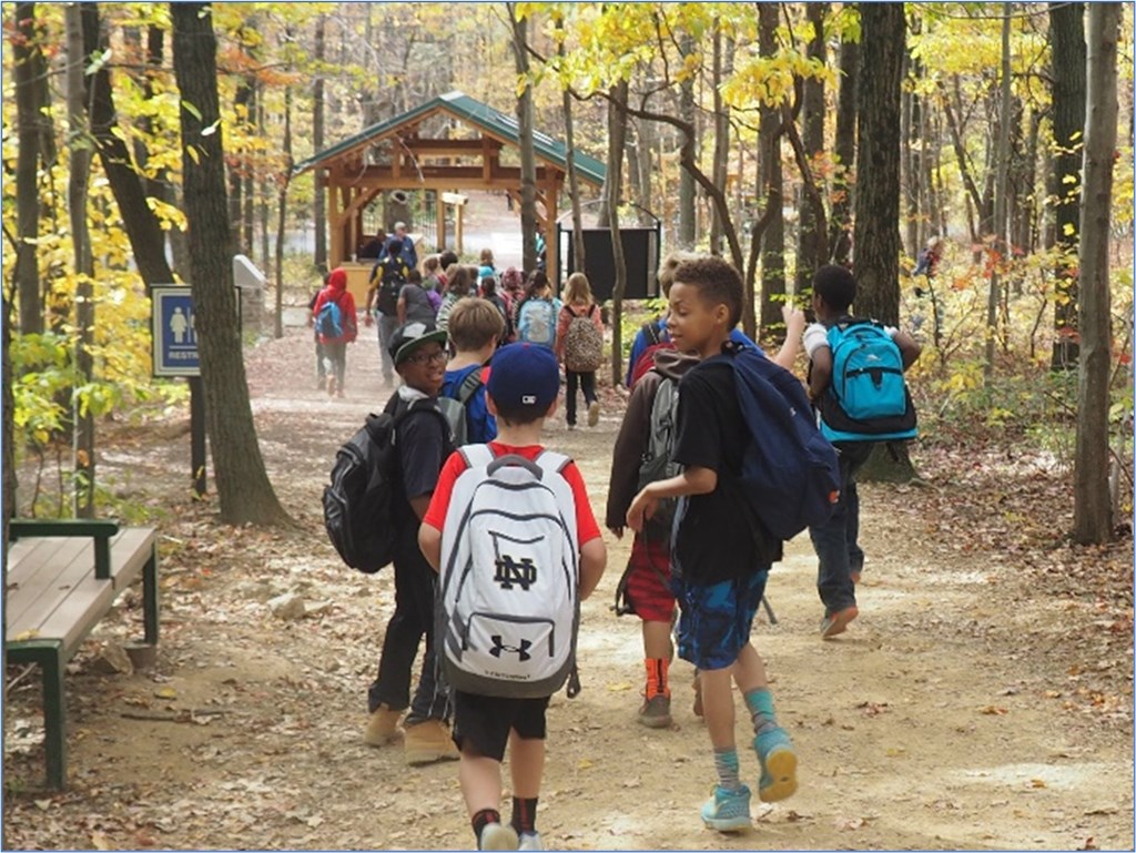 Diverse students hike along the Lookout Trail