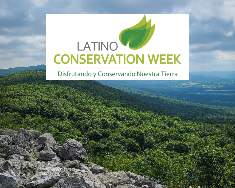 Latino Conservation Week Graphic on Photo of North Lookout Landscape