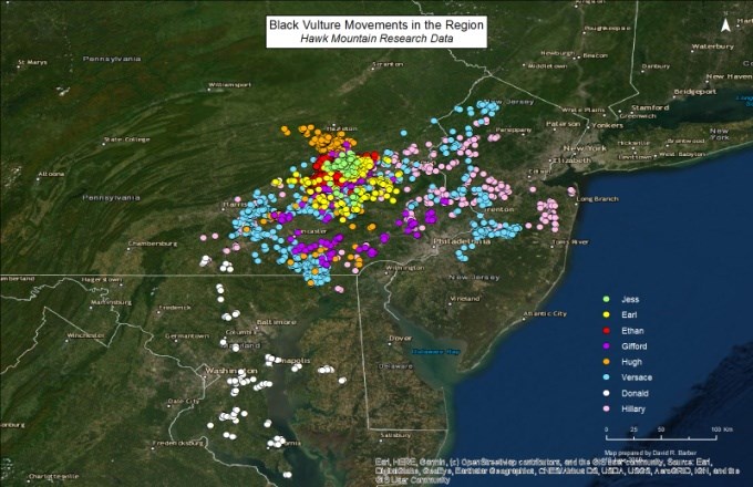 Map of Tagged Black Vultures' Movements