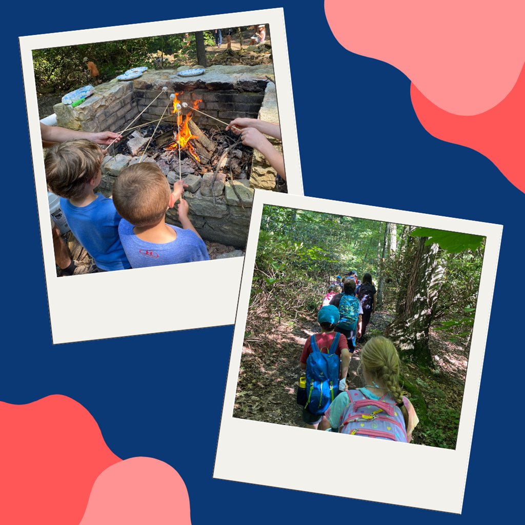 Children roasting marshmallows over a fire pit, a line of children hiking through a forest Children roasting marshmallows over a fire pit, a line of children hiking through a forest