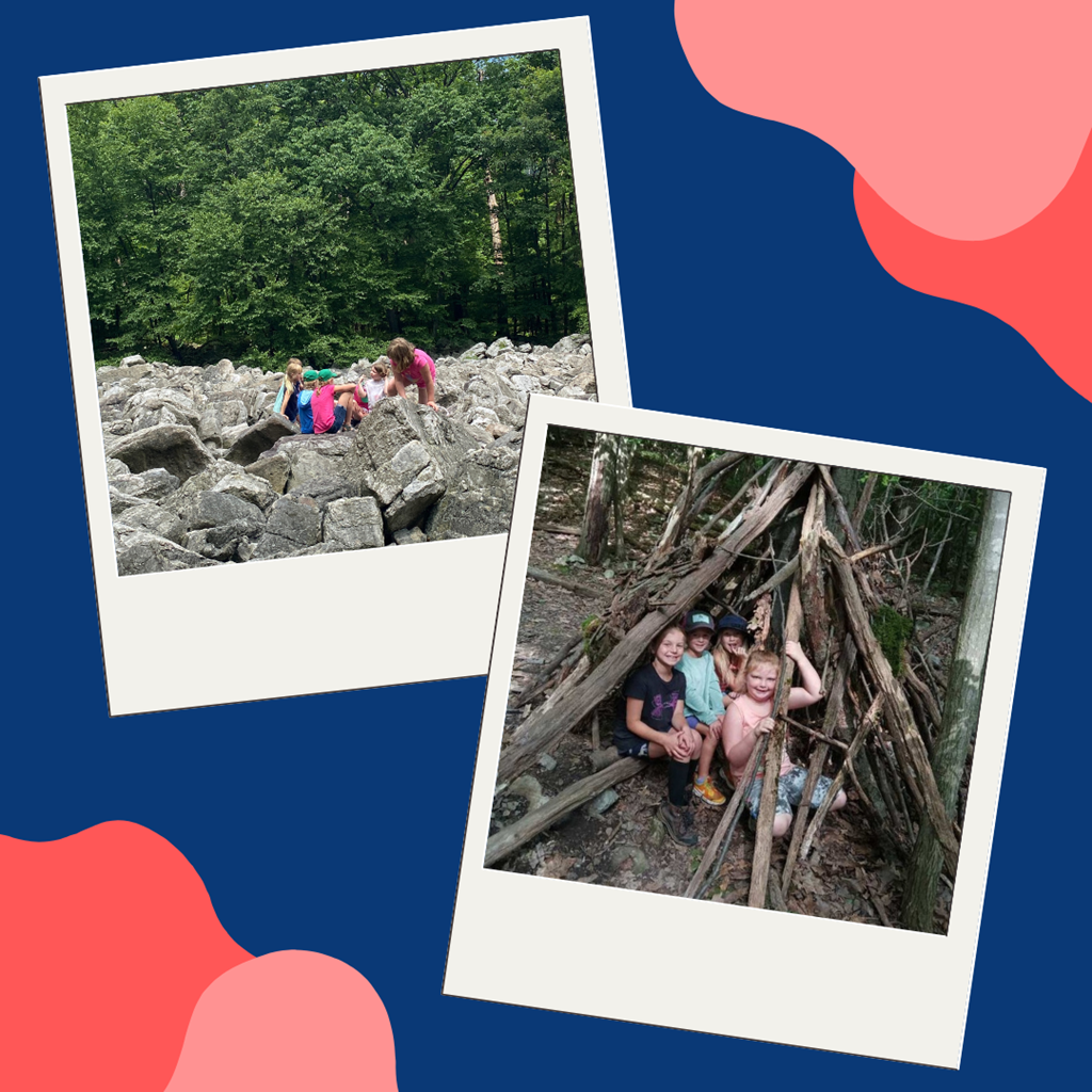 Children gathered on the River of Rocks boulder field, and children sitting in a wooden tent structure Children gathered on the River of Rocks boulder field, and children sitting in a wooden tent structure