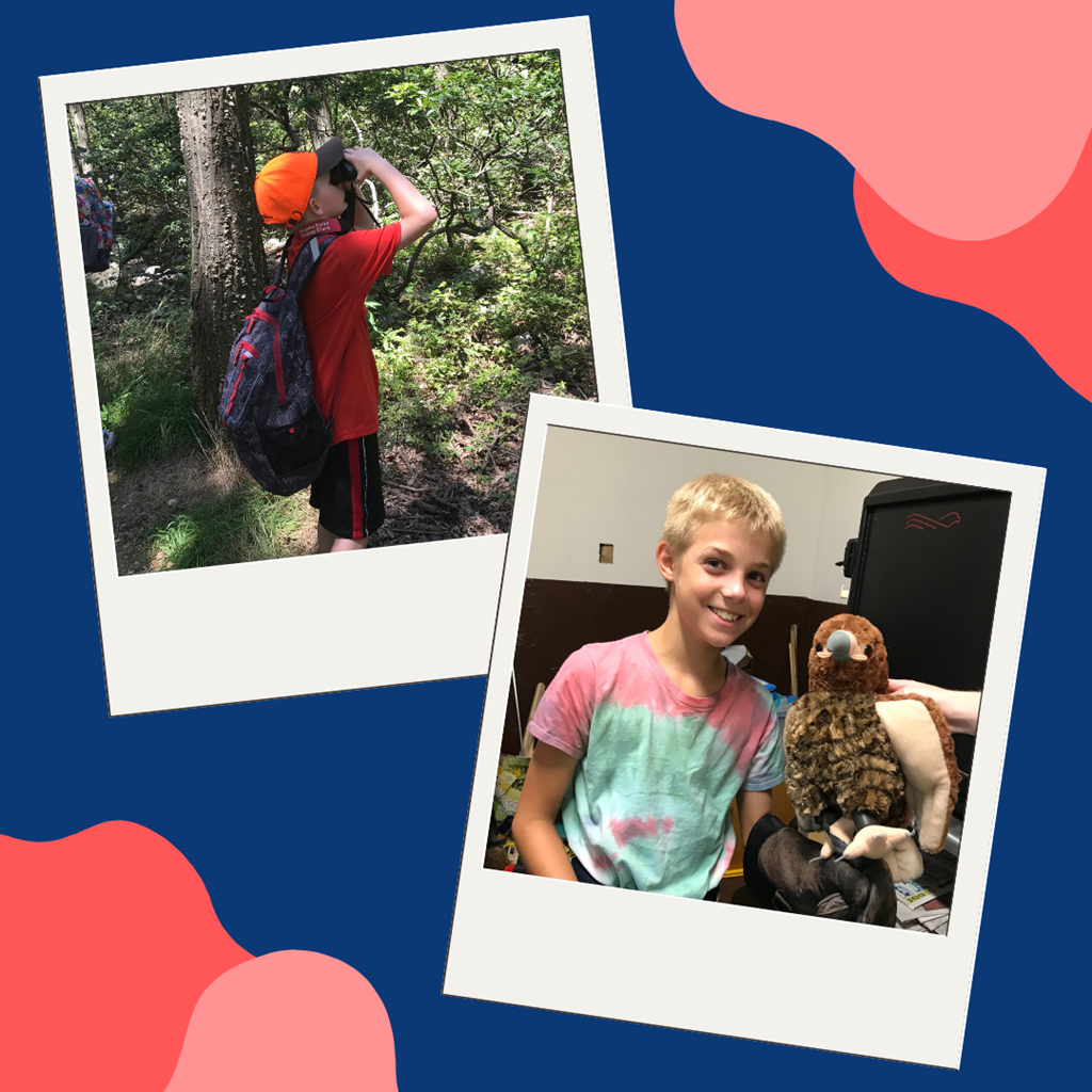 Child using binoculars in forest and a child practicing raptor handling with a stuffed animal Child using binoculars in forest and a child practicing raptor handling with a stuffed animal