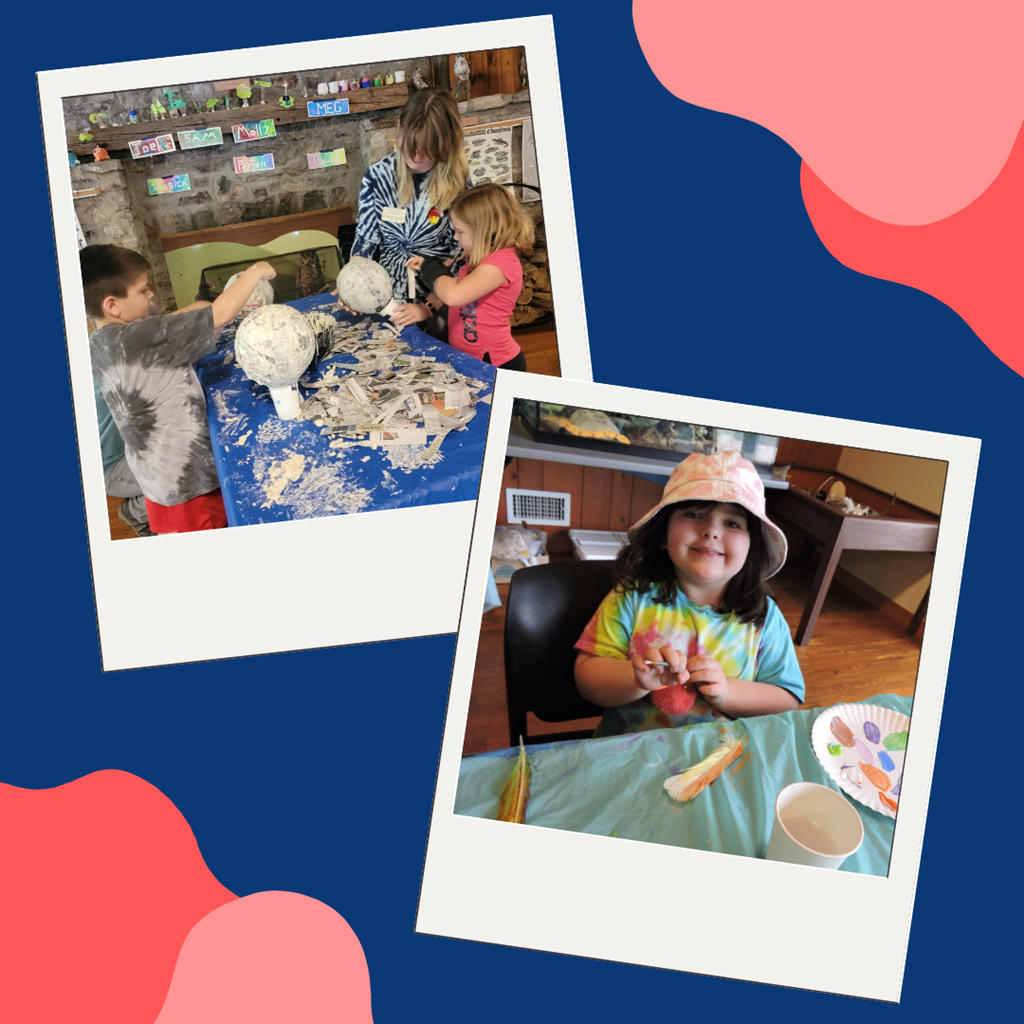 Children participating in several crafts including paper mache and feather painting Children participating in several crafts including paper mache and feather painting
